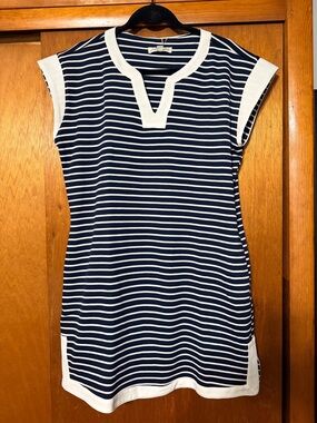 She + Sky Navy and White Striped V-Neck Dress
